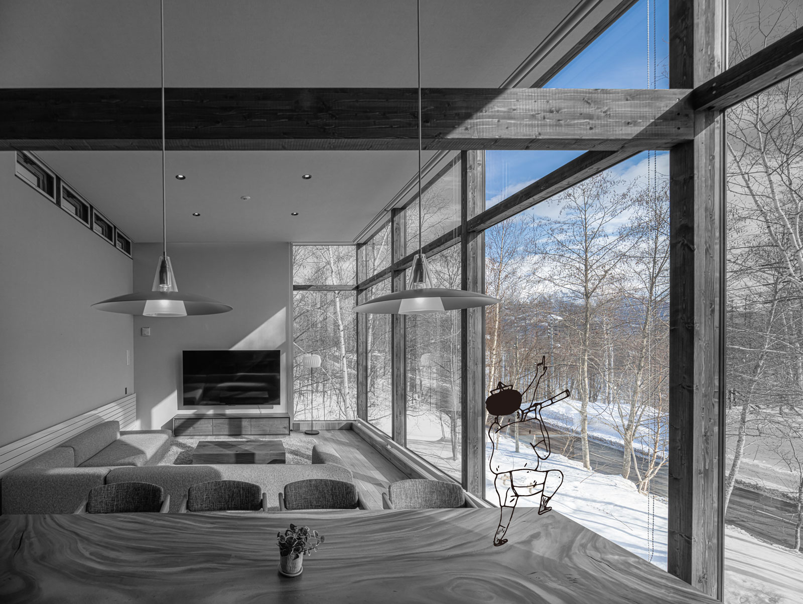 ニセコ町にある羊蹄山が見えるアワハウスの施工事例、すいせつヴィラ（一棟貸し別荘）のリビング・ダイニング